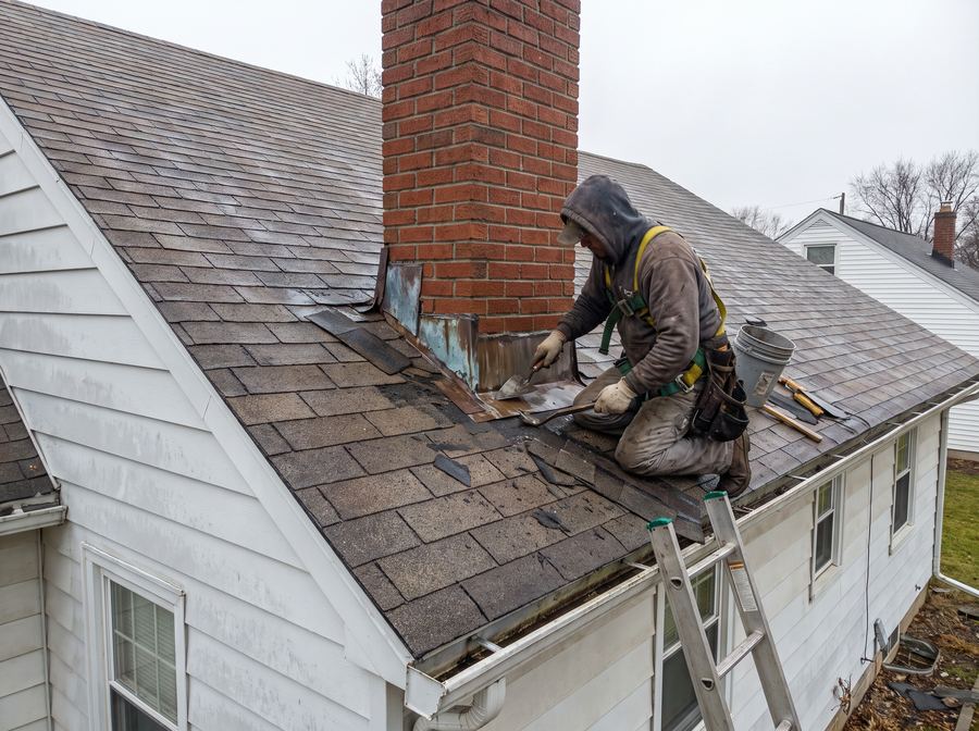 Roofer repairing flashing and shingles near a chimney in the Peoria area